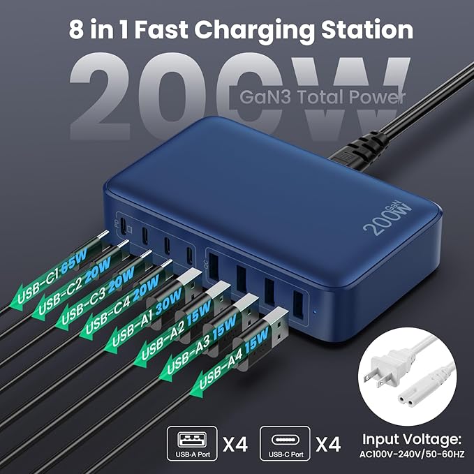 USB C Charger 200W USB C Charger Block,Upgraded GaN III 8-Port Fast Charging Station Hub,PD 65W Laptop Charging Adapter Compatible with MacBook Pro/Air,DELL,Steam Deck,iPhone 16/15/14,Galaxy S23/22