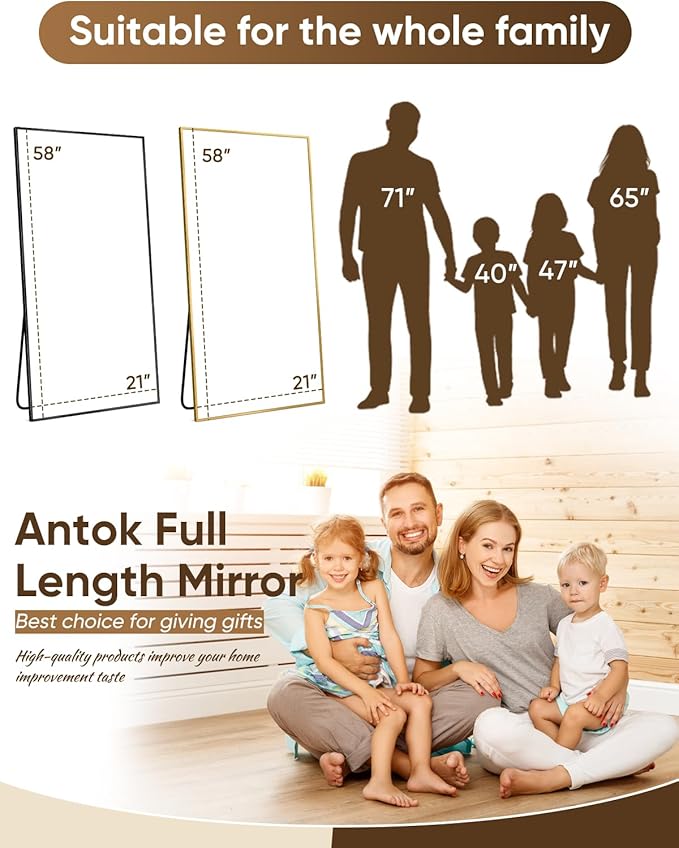 Antok Full Length Mirror, 58"x21" Floor Mirror, Floor Standing Freestanding Full Body Mirror with Stand for Bedroom, Hanging Mounted for Living Room Cloakroom, Black
