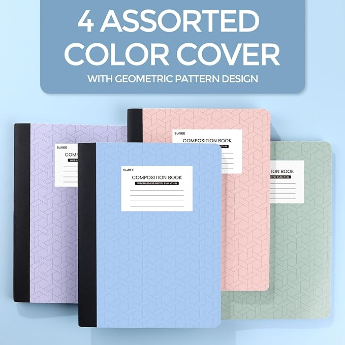 SUNEE Composition Notebooks - Wide Ruled Paper, 12 Pack Composition Book, 9 3/4" x 7 1/2", 80 Sheets/160 Pages, Assorted Colors, School & Office Supplies
