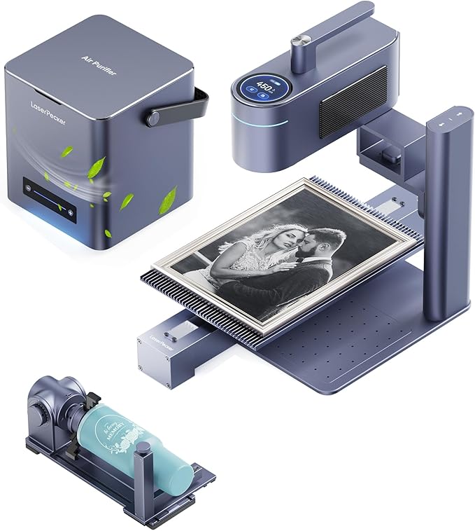 LaserPecker LP4 (Ultimate) with Desktop Air Purifier, Dual-Laser Engraver Cutter 160x300mm Workspace, Auto-Cleaning Smoke Fumes Engrave Tumblers Metal Wood Plastic Glass with Slide & Rotary Extensions