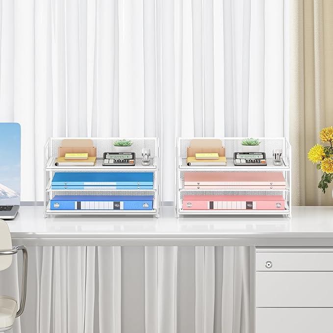 Subekyu 2-Pack 3-Tier White Metal Mesh Desk Paper Letter Tray & File Sorter Organizer with Handle + 1 Sliding Tray for Desk, Home, Office, School Supplies, A4 Paper and Accessories Storage