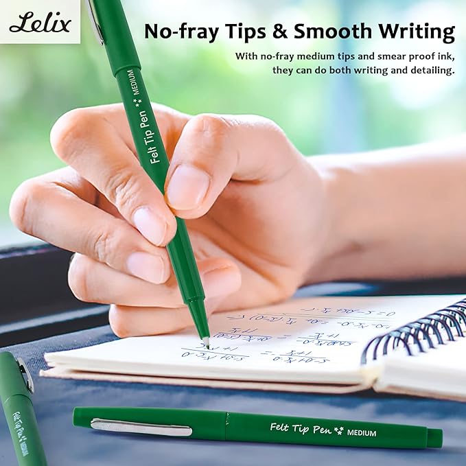 Lelix Felt Tip Pens, 15 Green Pack, 0.7mm Medium Point, Felt Tip Markers Pens for Journaling, Writing, Note Taking, Planner, Perfect for School Office and Art Supplies