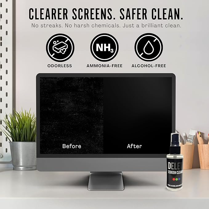 Delete Screen Cleaner Spray Kit, 4 Pack, 2oz Bottle and 12"x12" Microfiber Cleaning Cloth, Streak-Free, Safe and Gentle Formula, Multi-Purpose for Travel, Small TVs, Cameras, Laptops, Phones