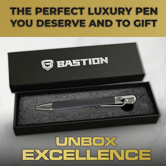 BASTION® Luxury Slim Bolt Action Pen, EDC Pen with Fine Tip, Professional Ballpoint Pen for School and Work - Carbon Fiber-Stainless Steel