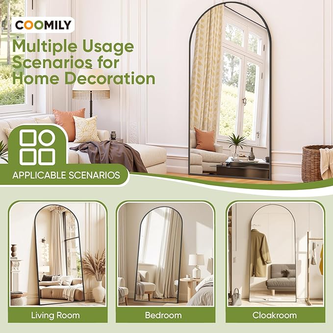 Full-Length Floor Mirror with Stand, 76"x34" Arched Style Full Body Standing Mirror for Bedroom, Living Room, Gym, Dorm - Shatter-Resistant & Easy Assembly, Black