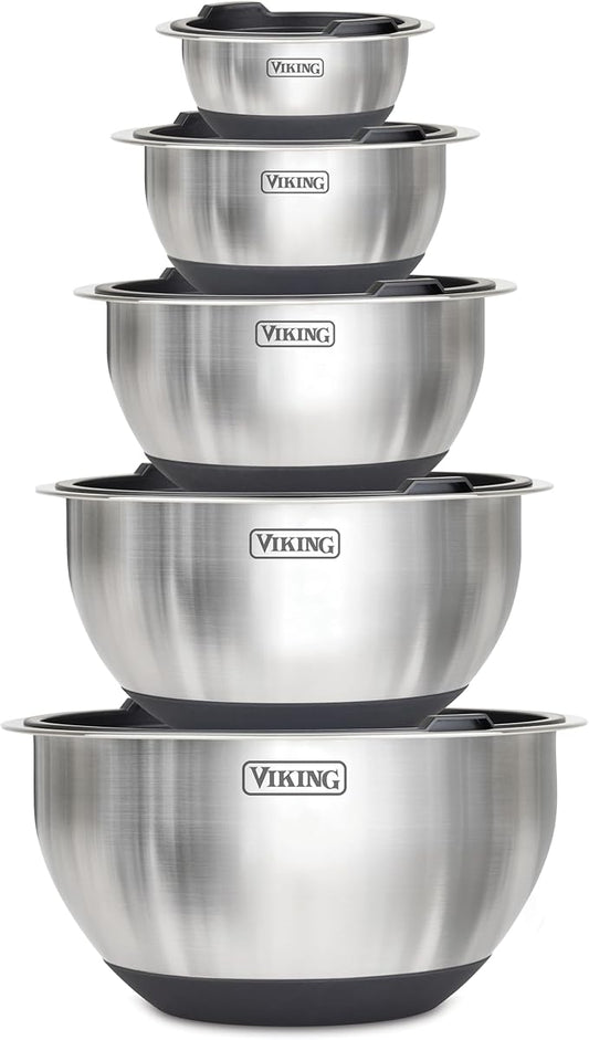 VIKING Mixing Bowls Set, 10 Piece Stainless Steel Kitchen Cookware, Non-Slip Silicone Base, Includes Tight Fit Lids, Dishwasher Safe, Black