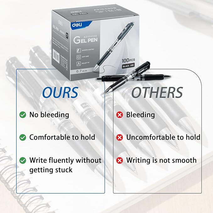 deli Gel Pens, 100 Pcs Retractable Pens Black Ink, Medium Point Pen 0.7mm, Smooth Writing, Fast Dry, No Bleed for Journaling Note Taking, Home School Office Supplies
