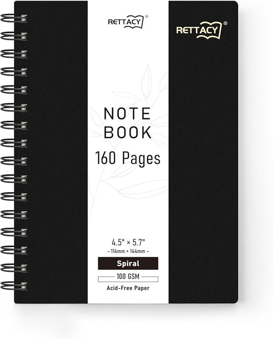 RETTACY Pocket Journal Notebook, 160 Lined Pages, A6 Mini Small Size (4.5" × 5.7"), for Work, Journaling, Writing, 100 GSM Thick Paper, Spiral-bound, Flexible Plastic Cover (Black)