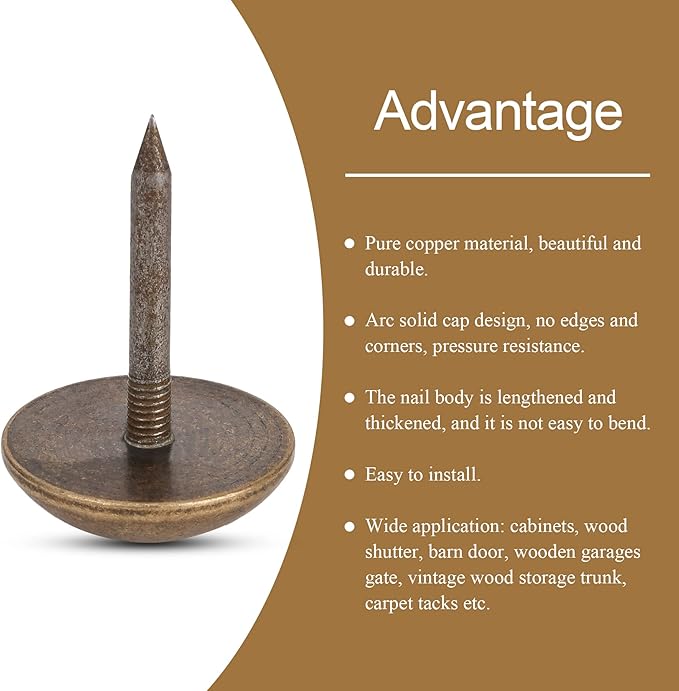 Retro Solid Pure Brass Tacks as Antique Upholstery Tacks for Furniture, Decorative Push Pins for Wood,Carpet Tacks,Hardware Tacks,Cap Tacks,Thumb Tacks,Brass Fasteners(7/10",18mm Brozen Color,10 Pcs)