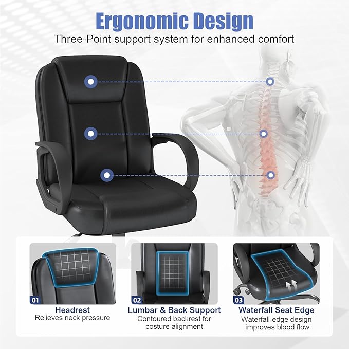 ZZH Executive Office Chair, Leather Desk Computer Chair with Armrests, Mid-Back Swivel Adjustable for Home Office, 10PC, Black