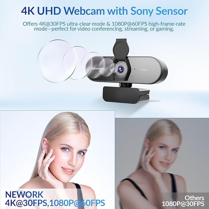 4K Webcam with Sony Sensor, PDAF Autofocus, 1080P@60FPS, 2 Noise Reduction Mics, Auto Light Correction, USB Plug&Play, Privacy Cover, 79°FOV, Streaming Camera for PC, Mac, Laptop, Video Calls
