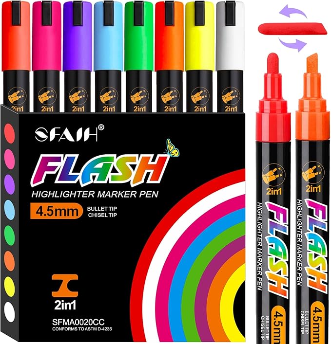 SFAIH 8 Vibrant Liquid Chalk Markers Erasable - Chalk Pens for Blackboard, Calendar, Windows, Glass, Bistro, Stores, Signs, Zero Dust, Non-Toxic, 4.5mm Reversible Tip, With Highlighter Color Markers