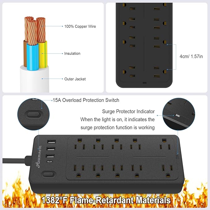 25 FT Power Strips with Surge Protection 1625W/13A,10 Outlets with 4 USB Ports (1 USB C) Long Extension Cord with Multiple Outlets 14-in-1 1700J 16Awg Flat Plug Power Strip Protector Black ETL Listed