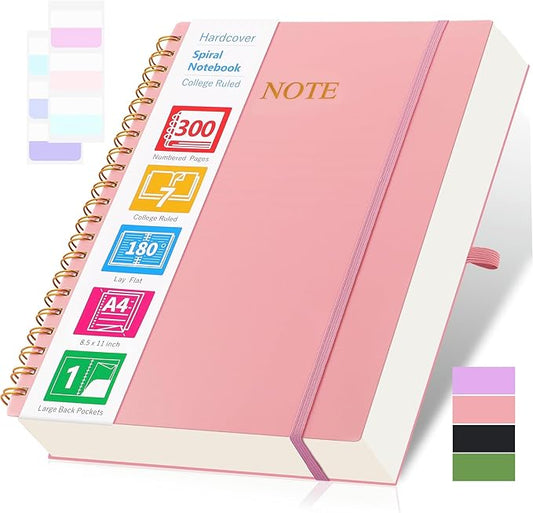 Spiral Notebook, 8.5” x 11” Notebooks for Work, 300 Numbered Pages College Ruled Notebook, Large Notebook for School with 24 Tabs, A4 Notebook Journal for Women Men, Thick Paper, Back Pocket, Pink