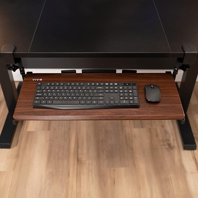 VIVO Large Height Adjustable Under Desk Keyboard Tray, C-clamp Mount System, 27 (33 Including Clamps) x 11 inch Slide-Out Platform Computer Drawer for Typing, Dark Walnut, MOUNT-KB05HD