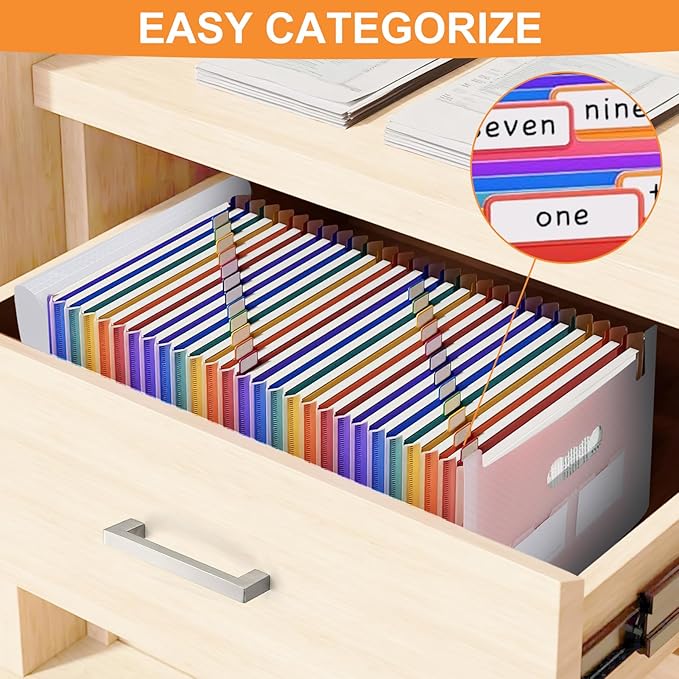 Accordion File Organizer, 24 Pockets Expanding File Folders, Portable Letter A4 Size Filing Box with Colored Labels and Expandable Cover, Monthly Bill Receipt Documents Organizer Pink