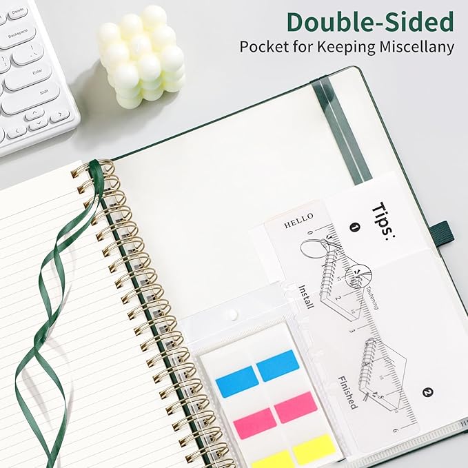 EMSHOI A4 Leather Hardcover Spiral Notebook College Ruled, 300 Numbered Pages, 100 GSM Thick Paper - Premium Lined Journal for Writing, Note-Taking, Work & Journaling; 8.27"x11.2", Dark Green