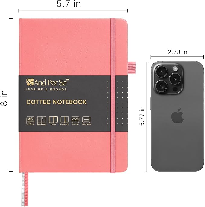 &And Per Se Dotted Journal Notebook, A5 Hardcover Leather Bullet Dotted Journal, 160 Pages 100GSM Thick Paper, 3 Sheets of Stickers Included - 5.7'' x 8'' (Rose pink)