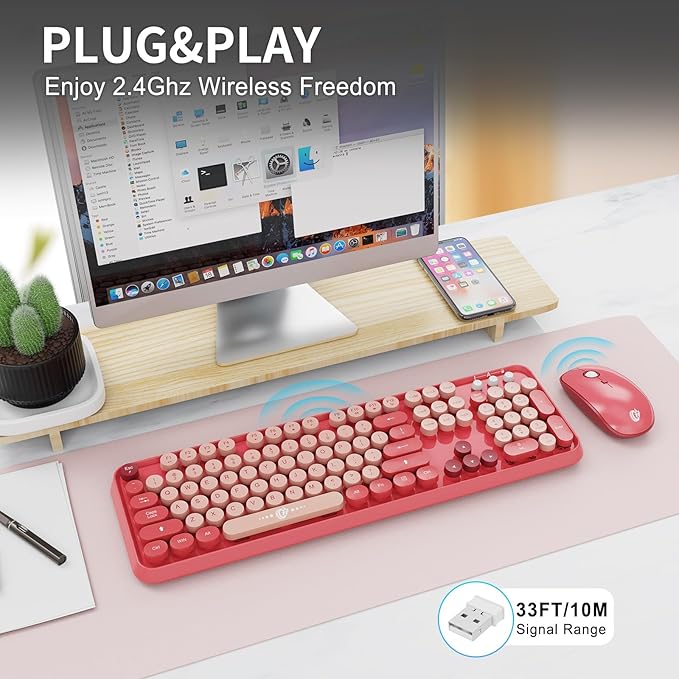 Wireless Keyboard and Mouse Combo, 104 Round Keys Cute Colorful Keyboard and Mouse with Retro Typewriter for PC/Mac/Laptop/Tablet/Computer/Windows Rose