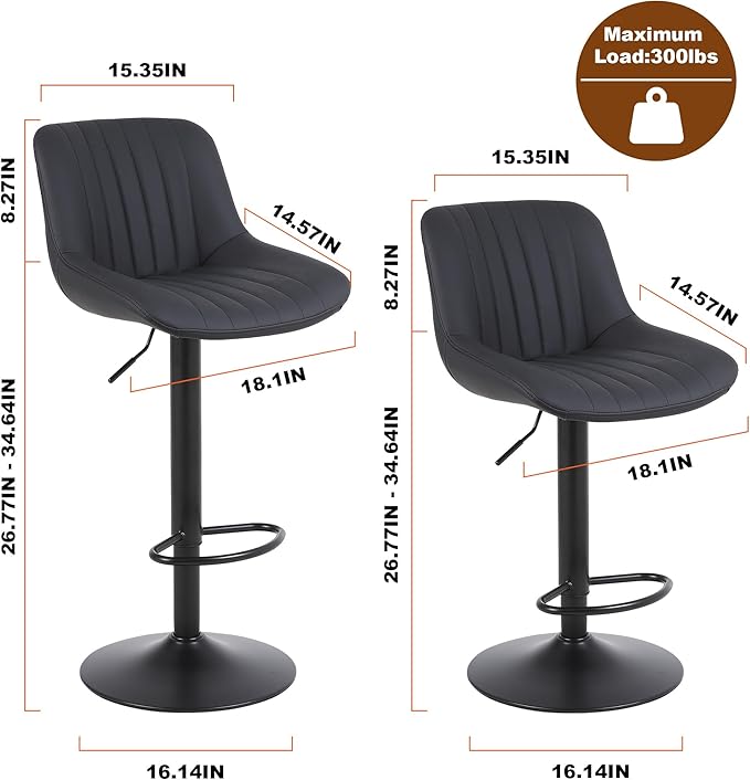 Bar Stools Set of 3, Swivel Counter Height Barstools with Back, Adjustable PU Leather Bar Chairs, Modern Armless Kitchen Island Stool, Black