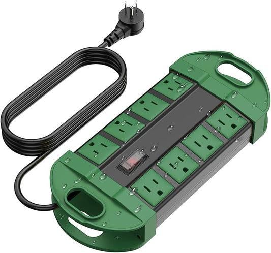 CCCEI Outdoor Power Strip Weatherproof with 8 Plug, Waterproof Extension Cord with Multiple Outlets, Christmas Exterior Garden Yard Surge Protector 6FT, Green.