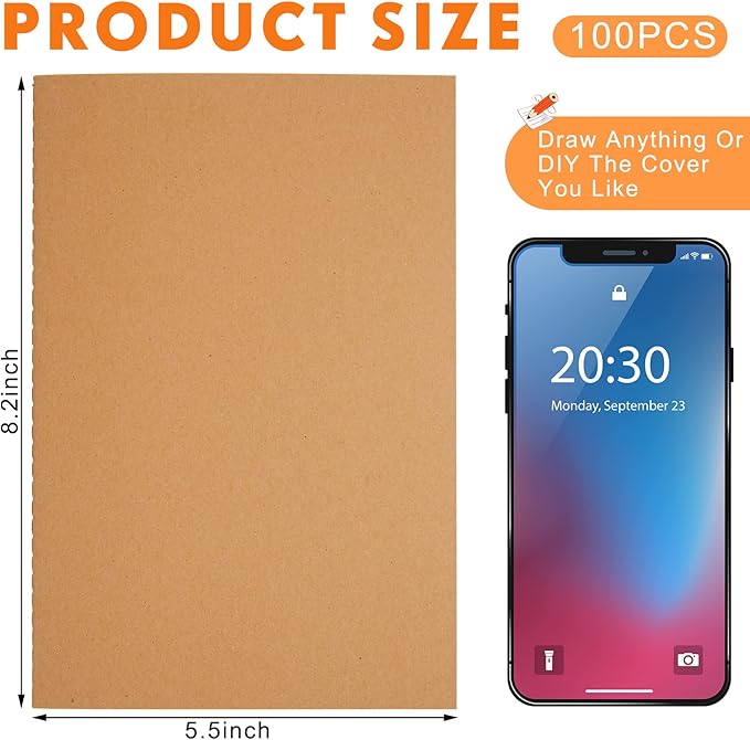 100 Pcs Kraft Notebook Journals 5.5 Inch x 8.3 Inch A5 Softcover Notebooks Bulk for Writing Sketch Office Notepad with 60 Pages 30 Sheets (Multicolor,Lined)(Brown,Lined)
