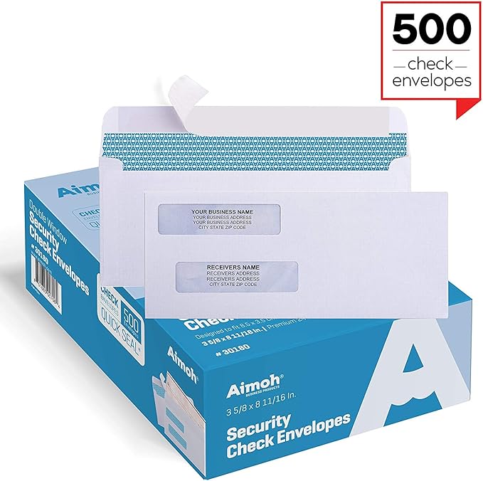 Aimoh #8 Double Window Self Seal Security Envelopes - for Business Checks, QuickBooks & Quicken Checks, Size 3 5/8 x 8 11/16 Inches - Checks Fit Perfectly - Not for Invoices - (30180-CS)