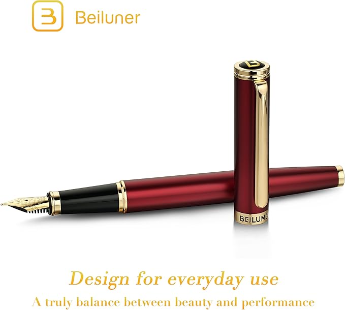 BEILUNER Red Fountain Pen,Stunning Luxury,24K Gilded Nib(Medium),Gorgeous 24K Gold Finish, Ink Converter,Trustworthy Pen Gift for Men&Women-Elegant,Fancy,Executive,Calligraphy, Nice Pens for Writing