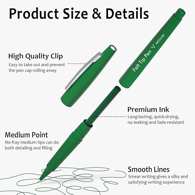 Lelix Felt Tip Pens, 15 Green Pack, 0.7mm Medium Point, Felt Tip Markers Pens for Journaling, Writing, Note Taking, Planner, Perfect for School Office and Art Supplies