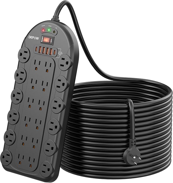 20 Ft Power Strip Surge Protector (3,400 Joules), DEPOW 24 AC Multiple Outlets (1875W/15A) with 6 USBs (2 USB-C Ports), ETL Listed, Flat Plug Heavy Duty Long Extension Cord for Home, Office, Black