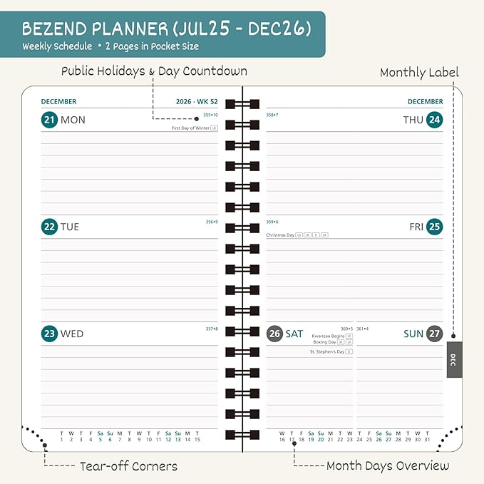 BEZEND Pocket Planner 2025-2026 Weekly and Monthly, 3.5" x 6" Academic Planner (Jul 25-Dec 26) 18-Month Mid-Year Calendar Book, Storage Pocket, Pen Holder, PU Leather Softcover, Spiral - Lavender