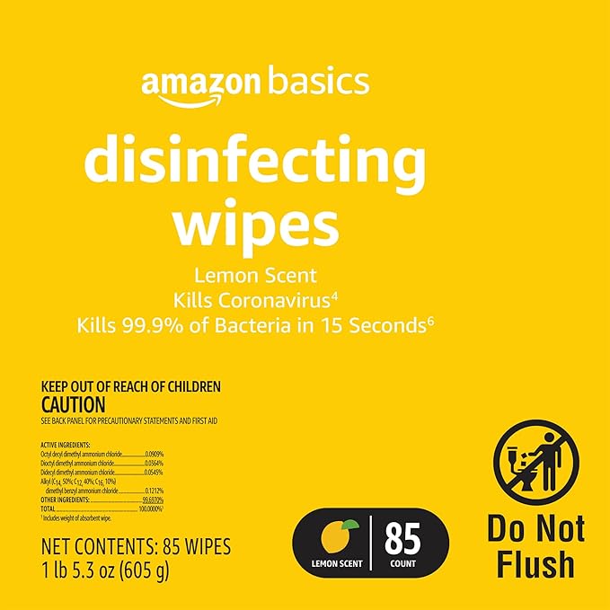 Amazon Basics Wipes, Lemon Scent, for Sanitizing, Cleaning & Deodorizing, 255 Count (3 Packs of 85)