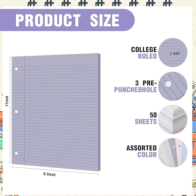 PerKoop 400 Sheets Colored Loose Leaf Paper 8.5" x 11" college ruled Lined 3 Hole Punched notebook Filler Paper for 3 Ring Binders Office School Supplies (Sweet Color)