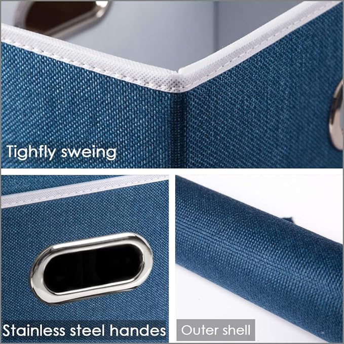 PRANDOM Foldable Storage Bin with Lid [5-Pack] Linen Fabric Decorative Storage Box Organizer Container Basket Cube with Handles Divider for Closet Office Living Room Royal Blue(14.9x9.8x9.8)