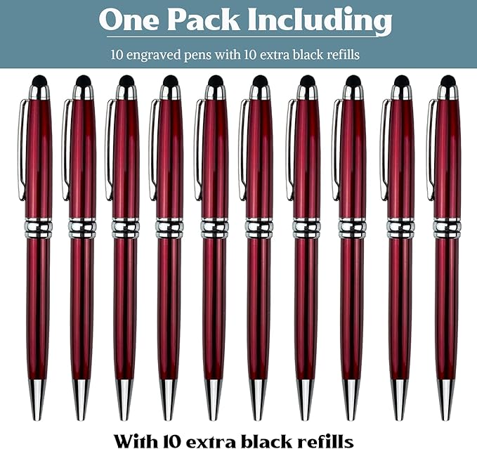 Ancolo Personalized retractable pens with Stylus tip stylish pens - Engraved with Your Name or Message, Phone Number Black ink Gift for Bank, Office, Hotel Lobbies 10 Pens/Box