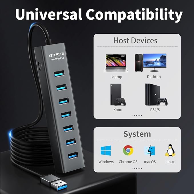 4Ft 7-Port USB 3.0 Hub for Desktop - Aluminium USB Extender Hub 5Gbps, USB Multiport Adapter, USB Splitter, USB Hub Long Cable for Desktop, PC, Flash Drive, Mobile HDD, Windows/XPS, 1.2m