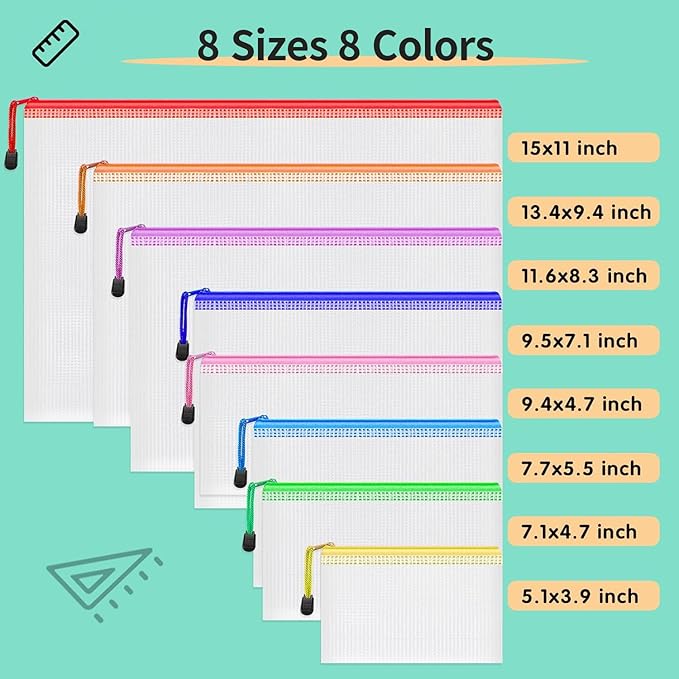 Smarpau 8pcs Zipper Pouch, 8 Sizes 8 Colors Plastic Zipper Bags for Organizing, Multipurpose Waterproof Zip Document Pouches for Office, Travel, Board Game Storage
