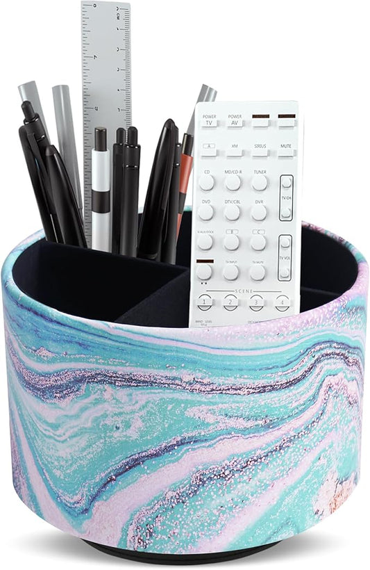 Round Leather Art Supply Organizer,Remote Control Holder,360-degree Rotating Pen Organizer with 4 Compartments(1-Pink Green Splash Ink)