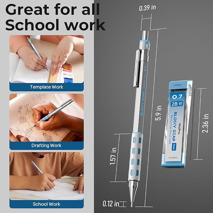 Nicpro 3 Pack Blocky Gear 0.7 mm Metal Mechanical Pencils Set with Case, Lead Drafting Pencil with 8 Tube (480PCS) Lead Refills(HB 2B), 4 Erasers, 18 Eraser Refills for Art Writing, Sketching Drawing
