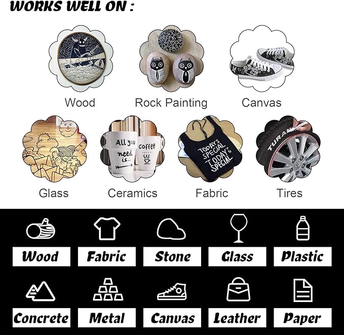 Paint Pen White Black Acrylic Marker Set for Rock Wooden Tire Metal Leather Glass Painting, 0.7mm Fine Point Quick Drying (3pcs Black +3pcs White)