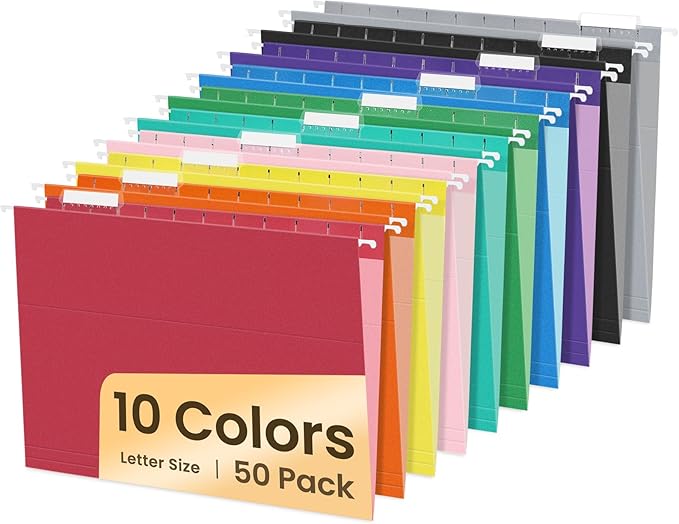 SUNEE Hanging File Folders, 50 Pack Letter Size Hanging File Folders with 1/5-cut Tabs, Stay Organized for Your Home and Office Bulk File, Documents and Paper,10 Assorted Colors