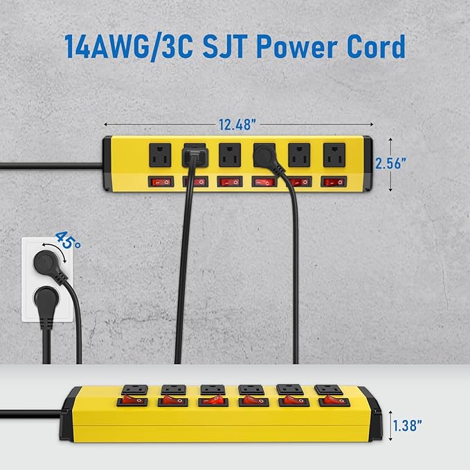 ANNQUAN 3PCS 6 Outlet Metal Power Strip with 6 Individual Switches,Heavy Duty Power Strip 1200J 15A 6FT Cord Home Office Industrial Commercial Shop