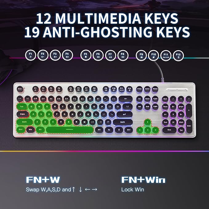Typewriter Style Keyboard with Metal Panel, Rainbow LED Backlit, Round Keys, Anti-ghosting, Spill Resistant, Light Up USB Wired Retro 104 Keys for Office,Gaming, Black/Silver