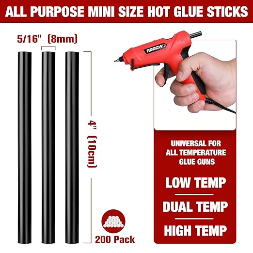 Arrow Mini Hot Glue Sticks, 200 Pack Black Glue Gun Sticks, 4" and 5/16'' Diameter High Viscosity All-Purpose Gun Stick for DIY Art, Craft General Repairs, Festival Home Decoration