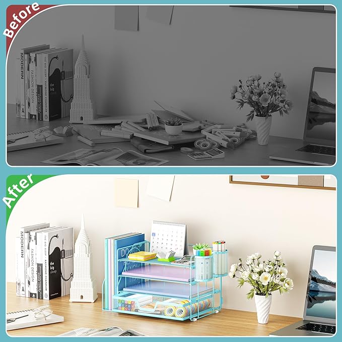 Marbrasse Desk Organizer and Accessories，4-Tier Paper Letter Tray Organizer with File Holder, Desk Accessories & Workspace Organizers with Drawer and 2 Pen Holder (Blue, 15.4" x 9.1" x 8.3")