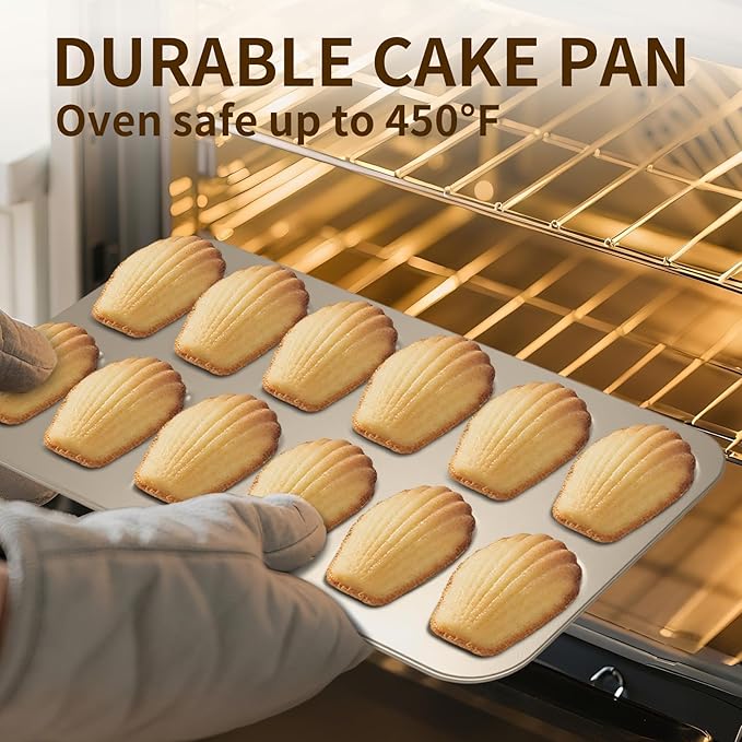 Madeleine Pans Set of 2, Nonstick 12-Cavity Madeleines Mold Cookie Tray for Baking, Heavy Duty Warp Resistant Cute Shell Shape Madeleine Mold Cake Pan-Gold