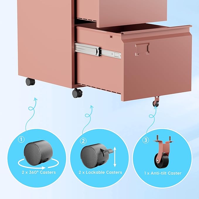 Aobabo 2 Drawer File Cabinet, Lockable Metal Filing Cabinet with Wheels for Home Office, Legal/Letter Size, Required Assembled,Pink