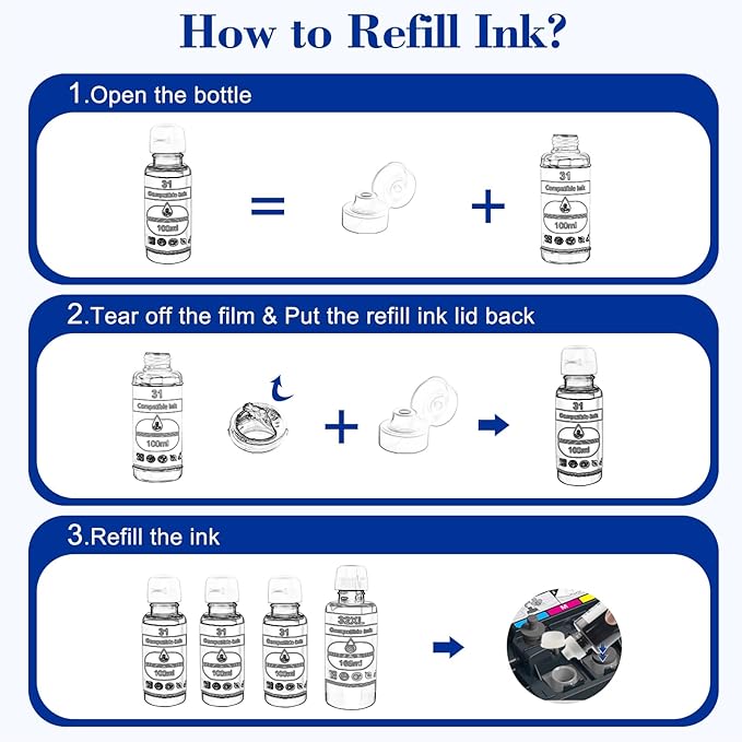 Pristar Compatible with HP 31 32XL Ink Bottle Set Compatible with HP Smart Tank 7301 7001 7602 5000 6001 5101 5102 5103 Plus 651 551 455 457 450 All-in-One Printer (165 ML 32XL Black Ink 100 ML 31 CMY