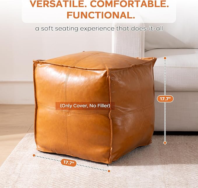 Pouf Ottoman Cover, 17.7" Square Unstuffed Pouf Cover, Faux PU Leather Moroccan Poofy Ottoman Footstool, Brown No Filler Footrest, Floor Chair Gifts Foot Rest for Living Room, (Only Cover)