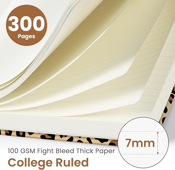 Lined Spiral Notebook Journal for Work, 300 Pages Thick B5 (7.1"x10") College Ruled Journal for Women & Writing, Hardcover Notebook for Note Taking, Perfect for Office Home School Supplies, Leopard